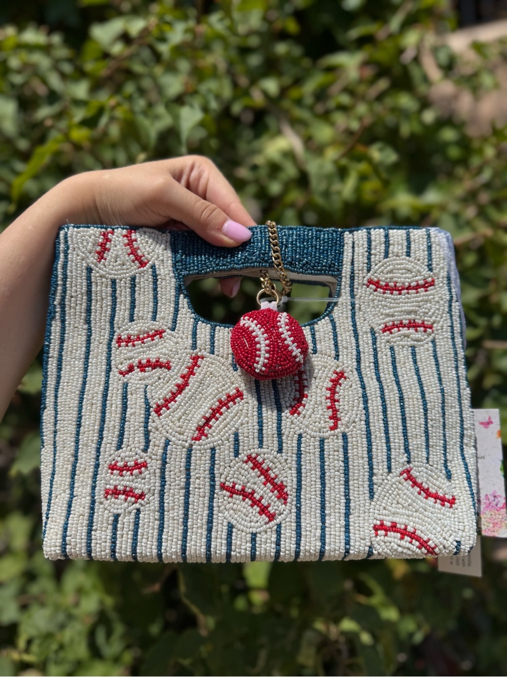 NWT Made in India Baseball Striped Blue White Red Beaded Top Handle Bag w Charm